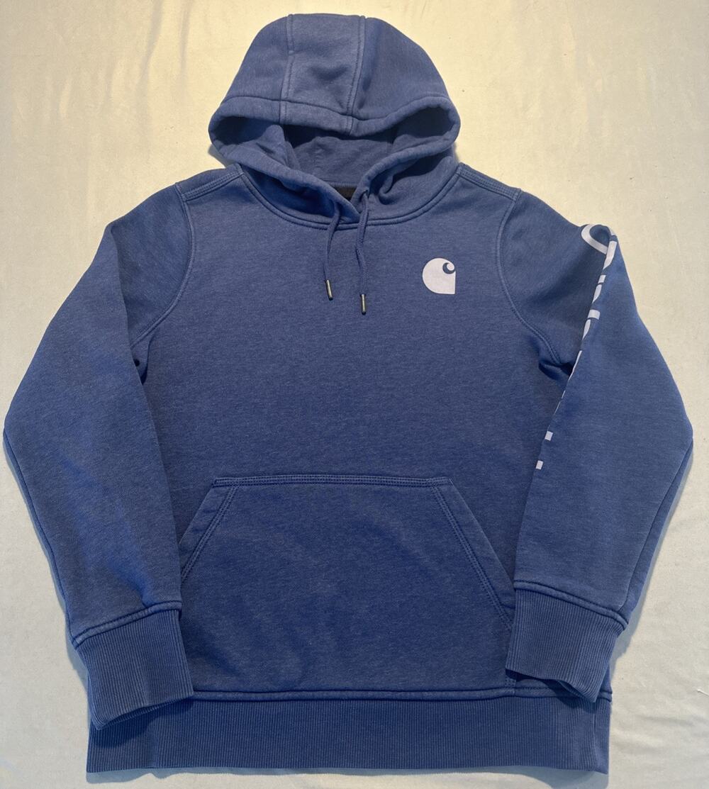 Carhartt Relaxed Fit Blue Hoodie Women's Small Logo Sleeve Pullover Sweatshirt